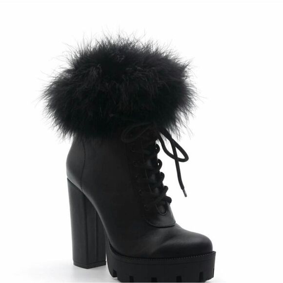 Chunky heel combat boots with fur - Picture 1 of 2